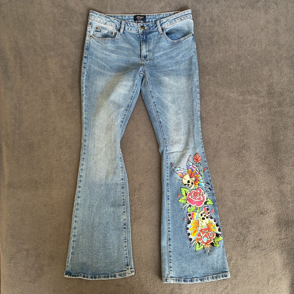 Ed Hardy Light Blue Flare Jeans with Colorful Floral Skull Embroidery